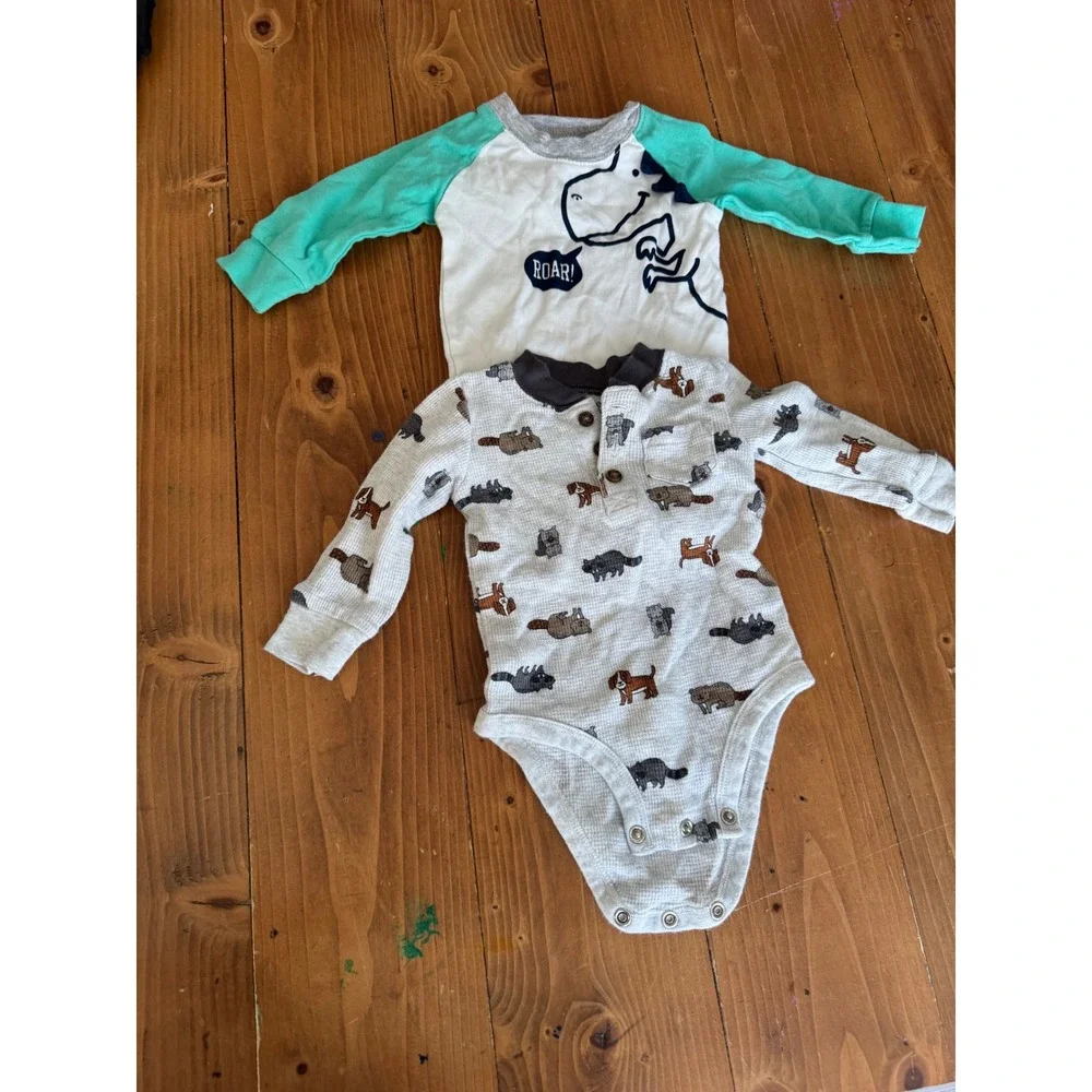 Carter's Baby 6M 2pc Long Sleeve Bodysuit Outfit Dinosaur Dog Print‎